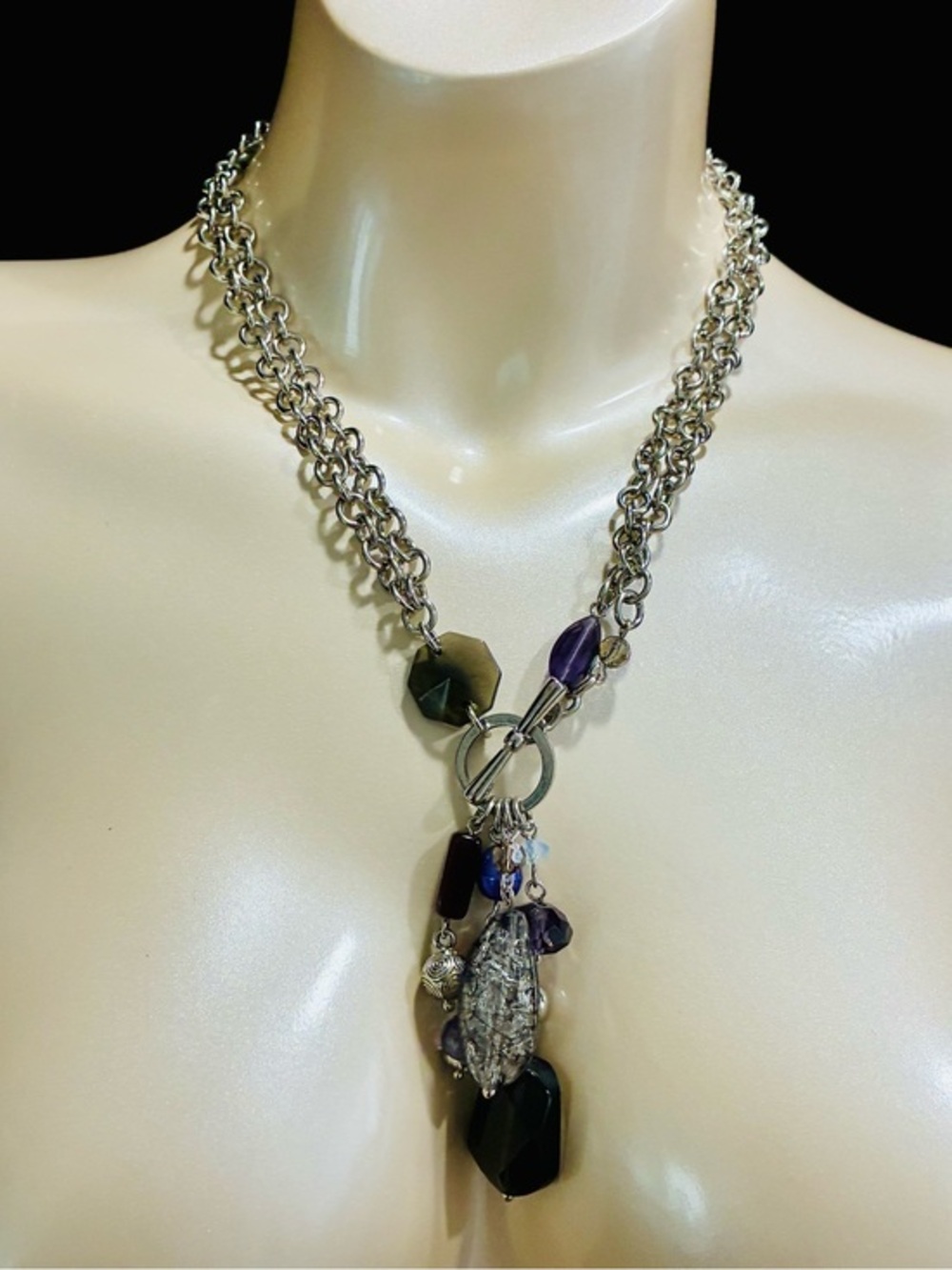 Contemporary Silver-Tone Chain Necklace with Purple and Black Textured Charms